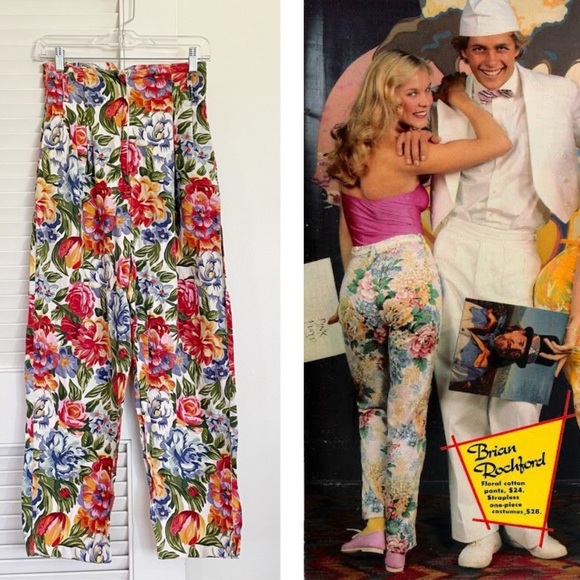 Vintage 90s Floral Cotton High-Waisted Trousers - Picture 8 of 10